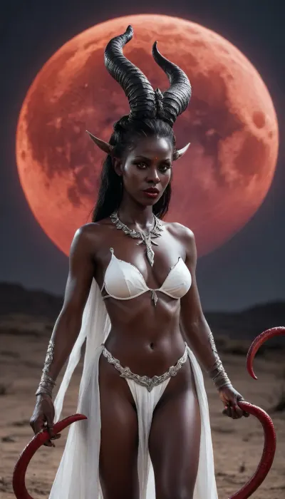 Succubus, Lilith, sin. Horns. long snake like tail. In battlefield of fire hunting humans. Night time Full red Moon. demon black skin. evil., (dressed in white)