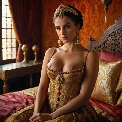 The new European concubine in the Arab harem waiting in the bedchamber.
A petite young european woman, concubine, 16th century, brunette, sitting in a noble bedroom, Arab harem, looking at viewer.
photorealistic, hd.