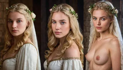 side-by-side two pictures of a young medieval courtesan, petite, blonde hair.
On the first picture on the left she stands in front of a, (tower covered in roses), wearing a simple medieval dress.
On the second picture on the right she stands in front of the same tower, but is, (naked, nude), ., onoff, <lora:OnoffXL_ExtraCrispy:.8>