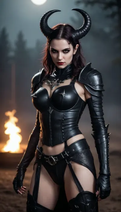 Succubus, Lilith, sin. Horns. long snake like face. In battlefield of fire hunting humans. Night time Full Moon. demon white skin. evil., (dressed in black armour)