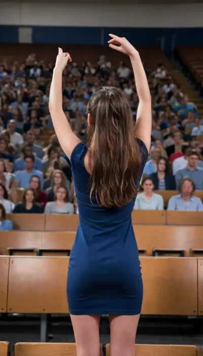 one skinny 18yo college girl in darkblue dress in front of a big audience of people, firm small ass, brunette hair, photo from head to feet, small breasts, small tits, ((in a big university lecture hall in front of a big audience)), from behind, knwau_high, both arms up, (hands on head), hyper-realistic, ultra-high quality, insanely detailed. high resolution, masterpiece, best quality, UHD 8K, extreme realism, maximum detail, hyper realistic, ultra realistic, photorealistic, <lora:KneelWithArmUp.0.9:1.3>, lighting, key light, fill light, rim light, <lora:polyhedron_photostudio-000005:.8>