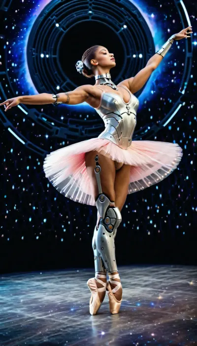 (Android girl:1.5), (cyborg ballerina:1.6), ((naked in a ballet tutu)), fouetté in outer space, against the backdrop of a spiral galaxy, cyberbotgilzv1, <lora:CyberBotGilzV1:1>