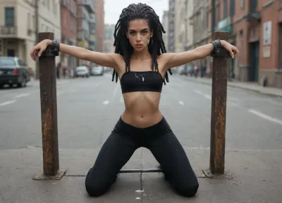 Tanned skin, (Long black dreadlocks:1.7), (really small-chested:1.7), athletic figure, (narrow hips:1.6), skinny legs, skinny waist, black long pants, black top, cum on face, kneeling, spreader bar, spread arms, street background, (Comfyui with controlnet), Model, arms up, A petite brown haired woman in stocks pose, a look of annoyed, iron cuffs on wrists and ankles, 80s, punk, clothing, <lora:BondageXcrossV1--In Stocks Pose:.5>, <lora:80s_punk_clothing:.8>