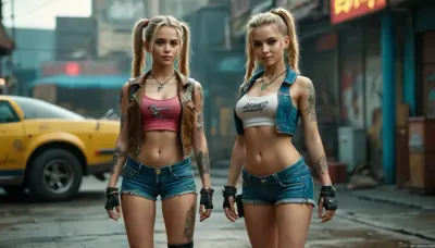 ((three girls)), cyberpunk 2077, nomad, latina, ((full body)), ((full height)), natural very small tits, very small body, ((very small ass)), (small girl:1.3), (child:1.5), ((teenager:1.5)), (little:1.5), (small:1.5), (mini:1.5), (pre:1.3), mechanical hands, black eyes, long blond hair, twintails hairstyle, colored tattoos, brown vest, jeans shorts, sneakers, smiling, fashion pose, <lora:MJ52:.8>, <lora:278488_training_data:.8>