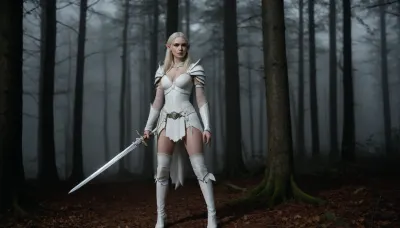 Full body view, Iam an pale skinned elf girl in a white armour with a longsword in my hand. I have sagging large tear shaped breasts. I wear white stiletto high heeled armored overknee-boots. Iam in a foggy forest by night.