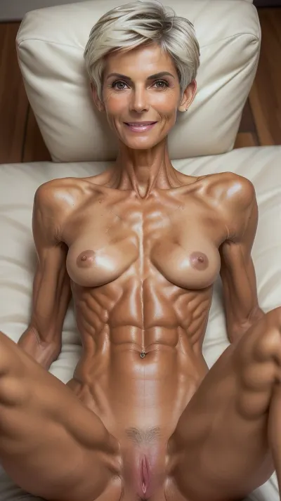 (fully naked sexy mature woman laying on her back fucked by young male wanker in missionary position), Male younger than Female, (woman 50 years old), (male nerd 20 years old), nordic ethnic, dynamic pose, very athletic lean slim body, tall and skinny, (woman dark tanned skin), sinewy, extreme pixie cut slicked back brunette messy hair with a few blonde streaks, white toe nails, wrinkles, blemishes, big smile, (realistic), (photorealism), high quality, 4k, (incredible detailed), masterpiece, intricate, (high detailed skin), (RAW photo, best quality), (High detail RAW color Photo), high definition, 8k uhd, (solo), muscularwoman-1000, <lora:age_slider_v20:1>, <lora:FDSkinDetails:.7>, <lora:hair_length_slider_v1:.1>, <lora:weight_slider_v2:-1>, <lora:epiCRealismHelper:.5>