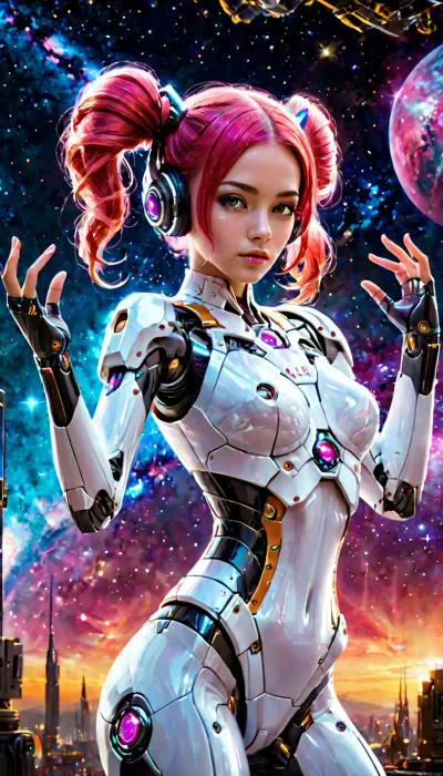 Realism, Gorgeous android woman, (((full body))), ((android mecha body parts costume:1.3)), best quality, photorealism, intricate details, realistic face, detailed face, full view, sfw, ((dancing with hands up:1.4)), ((gelco glossy skin)), ((cosmos nebula space background)), perfect picture, ((neon glowing hair)), ((twin tails hair with drills)), masterpiece, professional photography, high quality, ultra detailed, UHD 8K, extreme realism, <lora:add-detail-xl:2>, ((detailed eyes)), maximum detail, Robot, Skin, Android, <lora:robot_skin_XL_1.0.6:.2>