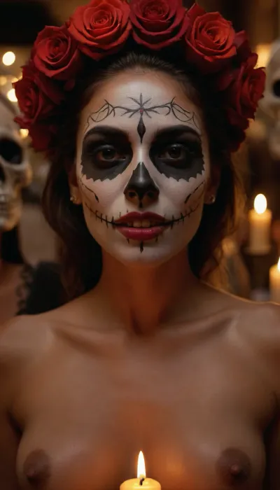 Multiple women, Group of Busty naked Mexican women in a public street with catrina face painting, no clothes, D14, D3, L0s, Mu3rt0s, female, painted, skull, roses, candles, pulled back zoom, full body view, masterpiece, 32k, very detailed, atmospheric lighting, perfect lighting, perfect centered, ultra realistic, phitorealisn, perfect anatomy, peferct teeth, perfect eyes, realistic skin structure, <lora:Día_De_Los_Muertos:1.5>