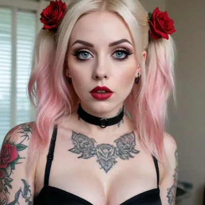 slutty extreme pale goth, extreme beautiful oval face, perfect pale smooth skin, several tattoos, extremely pale white skin, completely covered in slutty tattoos, full arm red rose tattoos, big dropping eyes, huge extreme wide open eyes, intense deep blue eyes, gorgeous oval long face, red cheeks, long blonde hair with long side twin tails, and extreme ample goth frontal bangs and side bangs, heavy smoky dark goth makeup, red blush cheeks, full wide dark kohl, big and long artificial eyelashes, deep red lips, body covered in numerous big tattoos, nose ring, septum piercing, extreme sexy big chest tattoo, extremely normal breast, nipples tattoos, dangling nipple piercings, gaping pussy, waist, extremely thick thighs, satin choker, crop top, extreme nude.