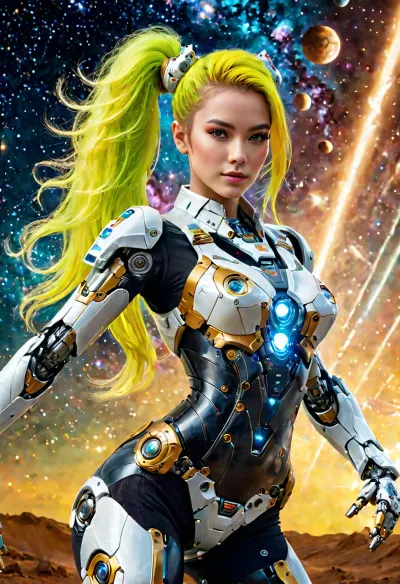 Realism, Gorgeous android woman, (((full body in picture dancing pose with hands))), ((android mecha body parts costume:1.3)), best quality, photorealism, intricate details, realistic face, detailed face, full view, sfw, ((dancing:1.2)), ((cosmos galaxy nebula planet background)), perfect picture, ((neon yellow glowing hair)), ((twin tails hair with drills)), masterpiece, professional photography, high quality, ultra detailed, UHD 8K, extreme realism, <lora:add-detail-xl:2>, eyes, blue, perfecteyes, <lora:PerfectEyesXL:.5>, maximum detail, <lora:compb0t:.5>