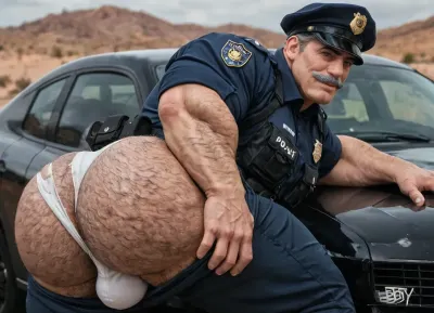 A Beefy old daddy, 60-years-old, big muscles, big pecs, big bulge, big booty, gray hairy body, full gray beard, big thick gray mustache, long gray hair, (long hair:1), (big pecs:1.3), (big ass:1.6), (hairy body:1.5), old daddy, (beefy daddy:1.5), is a german policeman, police shirt, black police uniform, (tight black police pants), (white speedo with "POLICE" word printed on), black tactical gear, black bulletproof vest, tactical gloves, ripped pants, police hat, holding, gay only, gay bottom guy, looking the viewer, solo gay, sexy pose, hot pose, teasing daddy, on desert in front of police cars