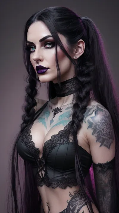 Hyper-realistic gothic woman with long black hair styled in high pigtails, turquoise eyes intense smokey eye makeup, and dark lipstick, elegant tattoo on her shoulder. She wears a dark sheer lace top, nipples viably hard. The background is shadowy colors of purples hues of pink and gray and mysterious, . The style is hyper-detailed, digital, with moody lighting