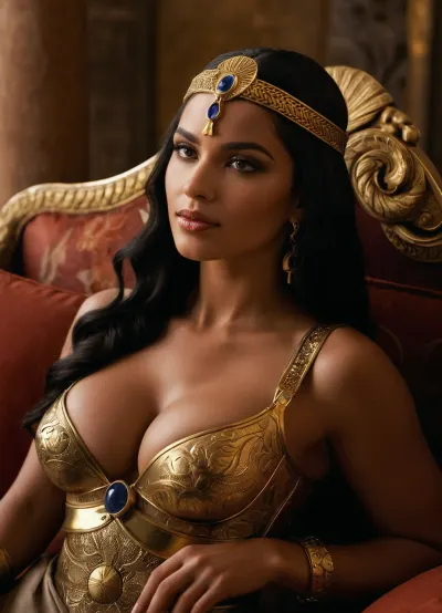 Queen Cleopatra VII, a vision of intoxicating allure, reclined upon a gilded chaise, her voluptuous curves draped in sheer, gold-embroidered linen that shimmered like the Nile under the midday sun. Her raven-black hair, perfumed with myrrh and jasmine, cascaded in intricate braids adorned with lapis lazuli beads and coiled golden serpents—symbols of her divine power. Kohl-rimmed eyes, dark and knowing, held the promise of empires lost and won, while her full, carmine-painted lips curled into a smile that had felled kings. Around her throat lay a collar of emeralds and rubies, each stone whispering of conquest and desire, while golden armlets coiled around her wrists like sacred asps. The air was thick with the scent of lotus oil and power—her very presence a seduction, a challenge. And then there was him—the Roman legionary, a hardened warrior of Mars, his muscular frame clad in the polished lorica segmentata, the crimson cloak of his rank draped over one broad shoulder. His sun-bronzed face, scarred by battle, was that of a man who had faced death without flinching—yet now, under her gaze, his pulse betrayed him. He had marched into Alexandria steel-clad and unshaken, but one glance from her—one lingering touch—and discipline crumbled. The way her fingers traced the rim of her wine cup mirrored the path she had traced along his jaw the night before, when whispers in the torchlit gardens had sealed his fate. "Do you still dream of Rome, soldier?" she had murmured, her voice a velvet threat. "Or do you dream... of me?" And gods help him, he did. Now, standing at attention before her, his gladius heavy at his side, he knew—no empire, no oath, no reason could shield him from the storm that was Cleopatra. She was fire, she was famine, she was victory—and he would burn for her gladly. The Queen’s laughter, low and rich, curled around him like smoke. "Come, " she commanded, extending a bejeweled hand. "Let us see if Rome’s finest can withstand Egypt’s oldest magic." And the legionary, heart pounding like war drums, knew he was already lost., (correct female fingers:1.4), (masterpiece, best quality, ultra realistic, 32k, RAW photo, detail skin, 8k uhd, dslr, high quality, film grain:1.2), <lora:add-detail-xl:.8>, large, breasts, big, boobs, huge, tits, <lora:bombshell_v2:.8>, <lora:681678_training_data:.8>