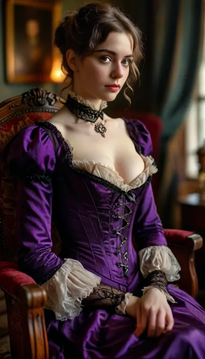 19th century, woman, purple victorian dress, in Baker Street, victorian corset, show nipples, on victorian armchair, show hairy pussy, man in tuxedo suit, cunnilingus, raw, <lora:MJ52:.8>, <lora:style_lora_realis:.8>
