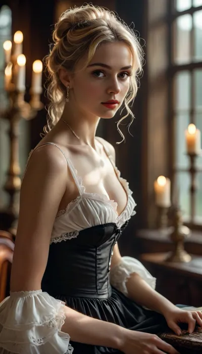 1900s, Sexy nice pretty beautiful thin woman, 25 year old, blond, perfect finger, sexy countess, in english manor, making love, perfect proportion, hairy pussy, lying, show pussy, in love, show tits, hand on nipple or pussy, (candlesticks), show nipples, nipples above dress, stockings, Low-key, lighting, Style, dim, light, low, dramatic, partially, covered, in, shadow, <lora:Low-key lighting Style:.5>, raw, <lora:MJ52:.8>, <lora:style_lora_realis:.8>, victorian, maid, <lora:xl_victorian_maid_dress-1.0:.8>