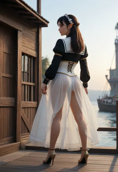 1girl, rear view, from behind, full body, sexy pose, long legs, big ass, bubble butt, massive hips, looking away, dark elf vampire girl, elf ears, black hair, high heels, pirate outfit, medieval sailor outfit, gothic accessories, exotic outfit, black and red color scheme, medieval fantasy setting, dark skin, standing on a pier, harbor, sail vessels in the background, sea, medieval architecture, fantasy harbor, stylized background, anime, cartoon, tooned, outline, hentai, painted, illustration, made in adobe illustrator, no gradients, flat colors, incase style, concept art, cel-shading, vector art style, thick lineart, low color palette, simplified colors, stylized character design, fantasy concept character, bold shapes, dynamic silhouette, exaggerated curves, high contrast lighting, minimal shading, medieval fantasy aesthetic, video game character design, stylized anatomy, detailed outfit design, fantasy pirate theme, game-ready design, full body shot, strong posture, character sheet style, splash art aesthetic, aidxlv05_neg, hado, <lora:287175_training_data:1.2>