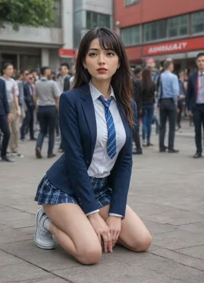 cute anime schoolgirl, (slightly wavy long black hair, large green eyes, cherry-red lips, slightly asian slavic face, very cute, (highly detailed hair, highly detailed eyes), pale skin, sporty, supermodel lookalike, (torpedo tits, medium pointed breasts:1.3), (conical breasts protrude forward really hard), smooth knees, long slender legs), (highly detailed hair, highly detailed eyes), (anime drawing:1.6), (artwork, digital painting, flat colors), (well-dressed, elite school uniform, white button-up shirt, light-blue blazer, blue tie, tartan super short miniskirt, white sneakers), (((teacher mouthfucks lewdly looking kneeling beautiful hot Japanese anime person in a crowd of her classmates))), шт classroom, (anime reality background:1.5), cruelly facefucked, ((deepthroat))