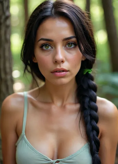 shy 35 yo girl, very flirty pose, full body front view, forest, hot dry summer, sunny day, sweating, youthful face, third Asian, third African, third European, mixed race, sad face, sad eyes, painful face, pain, messed up makeup, adorable, Guenola, slim body, beautiful innocent big green eyes, submissive, sad, crying, face, half open eyes, shy, blushing, sensual, long black hair, one loose braid, luscious sensual lips, orgasm face, prone bone, moaning, very shy, sweaty, drooling, full body view, full body shot, side view, natural lighting, soft cozy lighting, intimate lighting, ultra detailed, highly detailed, masterpiece, focus on eyes, <lora:epiCPhotoXL:1.2>, <lora:add-detail-xl:1>, <lora:BUT_SDXL_SHS:1>, <lora:459118_training_data:1.2>