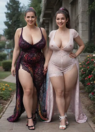 two 40 year old woman, two woman, very tall woman, large waist area, (two tall and large thigh curvy woman:1.7), very healthy tits, wide hips, round buttocks, (smiling:1.1), chubby, (ponytail black Hairystyle:1.4), full lips, full length, (They are wearing colourful lace dresses:1.8), sexy, (sexy cleavage and visible nipples area:1.2), laugh out loud, Casual, (big saggy breasts:1.5), not nude, not naked, (bridal garter:1.2), Walking on the home garden, Casual home garden walking, Strolling along the home garden walking, home garden walking, Their face is looking at the viewer, eyes looking at the viewer
