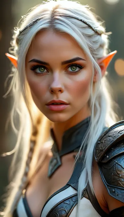 ziprealism, (warrior Elvish woman wearing intricate leather armor, elf ears, pointy ears, muscular body, muscular shoulders), (f/2.8 shallow depth of field, creamy bokeh, flattering action pose, medium full shot, layered composition with subtle foreground, focus on eyes:1.4), (stark white hair, thick voluminous hair, tied back hair, sporty hair, practical hair style:1.4), (catchlights, sharp contrasting limbal rings, large expressive eyes, stunning eyes, long delicate eyelashes, charcoal eyeshadow, perfect eyes, slightly downturned eyes), (full lips, soft lips, moist lips, pouting lips), (fierce expression, warrior pose, sense of determination and strength), (porcelain skin, natural skin texture), <lora:MJ52:.8>, but, <lora:BUT_SDXL_SHS:.8>