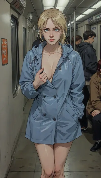 25 year old blonde girl, insanely hot blonde, long wet blonde hair, (wet hair:1.1), ponytails, blue eyes, cute freckles, (small flat breasts), (wearing wet raincoat and pumps), petite girl, perfect waist, skinny, slender, slim, freckled face, tight waist, cute chest freckles, perfect hands, perfect fingers, perfect anatomy, masterpiece, no underwear, (fully naked under unbuttoned raincoat), (riding subway:1.3), (on crowded subway train:1.1), discarded clothes on floor, Source_anime, 80's anime style, (A detailed pencil drawing with clean lines and meticulous shading, sketch of a woman), drawing have delicate shading and intricate details, capturing the essence of the subject with fine pencil strokes, allowing the focus to remain on the portrait itself, drawing by NTY, v0ng44g, sk3tch, .8>, ratatatat74, <lora:sketch_it:1.1>, <lora:ratatatat74-000050:.8>, <lora:NEOTOKIOXL_0.2_RC:.8>