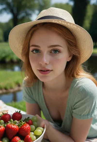 (photorealistic), (hyper realistic), ((realistic skin textures)), sexy strawberry blonde headed woman, A hyper-detailed shot of a Caucasian very cutest young girl in her 20s, enjoying a picnic in an urban park, wearing a mint green cropped top and flared pants, in summer fashion trends. The background is a monochrome park with greenery and a lake. Afternoon sunlight highlights the outfit’s fresh texture and her joyful expression, creating a vibrant and elegant composition. Ultra-realistic textures, inspired by high-fashion editorial finesse. Very fresh fruit, croissants and other few of simple picnic foods are placed on the sheets. The fruit is very fresh and sparkling with juiciness with morning dews subtly. A beautiful white straw hat is nearby. The sunlight and blue sky, the greenery of the park, and the pond in the background are all very beautiful. The few of fruits are very fresh and shiny. The strawberries and grapes are very small but perfectly shaped and wet subtly. Hyper low-angled view. Hyper close-up to her face. 16K. A fisheye lens effect without corner vignetting. The entire screen is bright and dazzlingly vivid. The high resolution and fine details, along with the slightly blur, are reminiscent of an electron microscope.