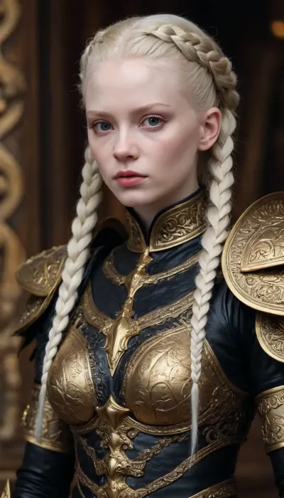 Tense Young Dark Female albino Warrior for the God of Chaos and War in fearsome and also beguiling wealthy expensive ornamated pomp splendor pageantry magnificence opulence, sumptuousness heavy armor in very black and bright gold with piquant insights. multi-braided hairstyle