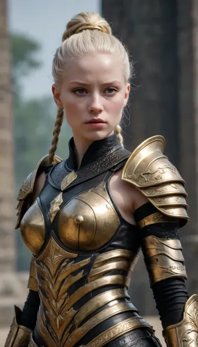 Tense Young Dark Female albino Warrior for the God of Chaos and War in fearsome and also beguiling wealthy expensive ornamated pomp splendor pageantry magnificence opulence, sumptuousness heavy armor in very black and bright gold with piquant insights. One very elegant braided ponytail, the whole appearance radiates dominion rule reign dominance power control, She carries the ceremonial helmet under her armpits. She stands as a shining centerpiece on a raging bloody cruel battlefield.