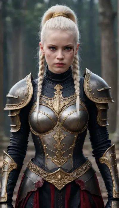 Tense Young Dark Female albino Supreme Warrior for the God of Chaos and War in fearsome and also beguiling wealthy expensive ornamated pomp splendor pageantry magnificence opulence, sumptuousness heavy armor in very black and bright gold with piquant insights. One very elegant braided ponytail, the whole appearance radiates dominion rule reign dominance power control, She carries the ceremonial helmet under her armpits., (Many fresh blood splashes from the slain opponents are on the face and on the armor:1.3), She stands as a shining centerpiece on a fantasy medieval raging bloody cruel crowded battlefield.