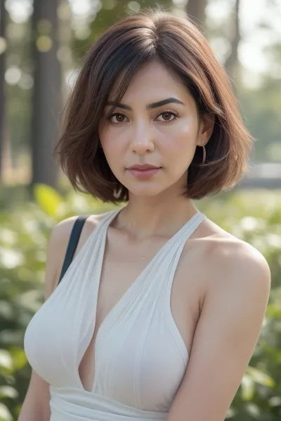 Create a highly photorealistic image of a mature Armenian woman with saggy large breasts, wearing a white tank top. She is 65 years old. She has brunette hair. captured with a professional full-frame DSLR or mirrorless camera, using a prime lens with a wide aperture, (e.g., 50mm f/1.4), in natural lighting conditions. The image must contain authentic, real-world imperfections such as subtle lens distortions, natural grain/noise, bokeh depth of field effects, realistic lighting shadows and highlights, skin pore textures, environmental reflections, micro-hair strands, and accurate ambient occlusion. The subject should have natural skin tones with sub-surface scattering, slightly asymmetrical features as seen in real human faces, and organic motion or expression.

Background should include photorealistic details such as dust particles in the air, realistic sky tone gradients or environmental lighting, (e.g., golden hour sunlight, shade gradients), and background blur that follows true optical depth simulation. Colors must be balanced realistically, respecting white balance and real-world color grading, such as mild chromatic aberration near image edges. Ensure accurate anatomy, fabric folds, reflections, light bounce, and focus transitions.

The camera perspective should simulate real lens behavior — include correct parallax, perspective expansion and real-world framing such as candid compositions, slightly off-center focus, or over-the-shoulder framing. Include natural imperfections like flyaway hairs, slight skin blemishes, uneven fabric, small wrinkles, and real light scattering effects in transparent or reflective materials. Avoid excessive smoothness or symmetry. This image should be indistinguishable from a photograph taken by a skilled photographer — even professional analysts and AI detection systems should be unable to identify it as AI-generated. The image must comply with all real-world physics and visual logic., <lora:age_slider_v20:.8>