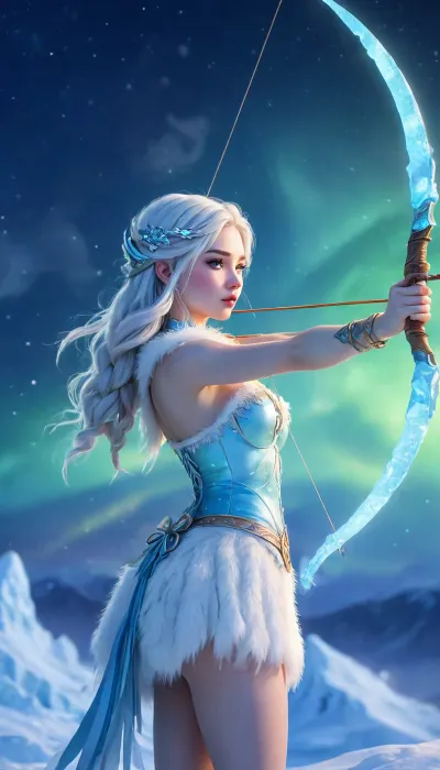 Art Nouveau style, Yakut sexy huntress shoots, (((ice bow))), under bright aurora borealis close up, Whimsical, Art, Nouveau, Watercolor, ArsMJStyle, Cute, <lora:ArsMJStyle_-_CuteSDXL:.8>