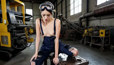 A young woman in her 20s fully naked with slender physique, with fair skin, skinny operating heavy industrial machinery in a factory. Her face and hands are smeared with black grease and engine oil streaks. Wears stained navy overalls with torn knee patches, safety goggles pushed up on forehead revealing tired eyes. Intense focus while adjusting gears on a massive metal lathe machine. Sparks flying near gloved hands, hydraulic pipes hissing steam in background. Dramatic overhead factory lighting casting sharp shadows on oil-slicked concrete floor, grimy ventilation ducts above. Cinematic realism, hyper-detailed textures, Nikon D850 photo style. nude naked
