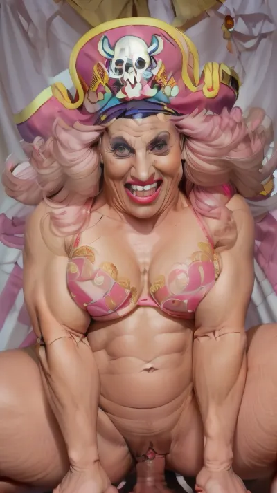 photo-realistic full-body shot of a massive and obese elderly woman, viewed from below, (low angle), grotesquely majestic appearance, wide face with sharp jagged yellow teeth in a huge grin, deep-set eyes with dark eyeliner, wrinkled aged skin, voluminous curly pink hair flowing out from under a giant pirate hat with a skull emblem and large feather, without other clothes, candy-shaped mountains and clouds in the distant background, dynamic pose, wind blowing her hair, cinematic lighting, stormy sky, realistic textures, hyper-detailed skin and fabric, shot on a 35mm lens, photon style, squatting, cowgirl, position, vaginal, pov, athletic, muscle, bodybuilder, (1girl, 1boy, 1man), bodybuilding, pose, sex, pussy, anal, <lora:Charlotte Linlin:1.1>, <lora:PSCowgirl:.8>, <lora:1658797954679278806:1>