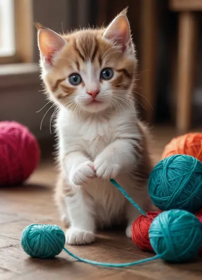 Kitten playing with yarn