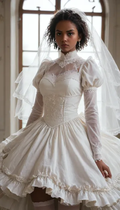 African american, bottomhwavy, angry, braided, gigantic tits, side, white, thighhighs, (short, hair:1.7), hair, on, one, eye, frills, puff, sleeves, (white, bridal, dress, veil:1.5), <lora:Nier_Automata_2B_White_Wedding_Dress_Bride_Cosplay_Realistic_LoRA:.8>