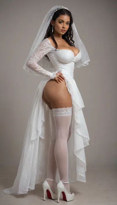 African american, wide hips, ass, boots, ghetto, 60 years old bottomheavy, horny face, sultry, gigantic tits, cleavage, side, slutty, sexy, heels, high heels, legs, white, thighhighs, (long, hair:1.7), hair, on, one, eye, braided, frills, puff, sleeves, (white, bridal, dress, veil:1.5), <lora:Nier_Automata_2B_White_Wedding_Dress_Bride_Cosplay_Realistic_LoRA:2>