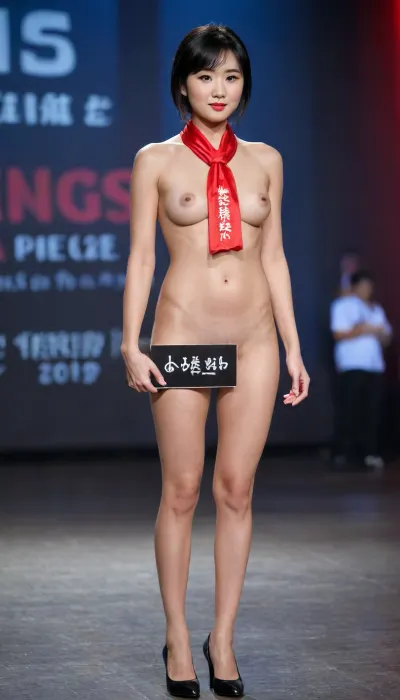 Full body photo of a china woman of 28 yo, naked, beauty pageant, standing on stage, (holding a sign with words 'MISS CHINA 2025':1.3), short black hair, stewardess hairstyle, black flat shoes, short silk transparent thin socks, subtle makeup, nude, hairy pussy, thick dence pubic hair, wearing stewardess small silk scarf, slender body, color photo, highly detailed, sharp focus, cinematic lighting, tears, embarrassed, wet, sweaty