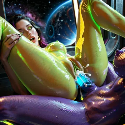two space color futanari, purple mini futa, green huge futa, space, alien, transgender futa, futanari, skinny futa, thin futa, slender fit ass, athletic legs, vagina under a dick, have sex, in a space shower laboratory. green slime on the wall and on the floor. Their skin is covered with scales. 18 year old. Cute faces, no clothes. Long beautiful legs. There are claws on his hands. Wet. There are many different planets in the window, galaxies, a quasar, spaceship. Lots of colorful thick cum. A huge cock with veins, ass sex, missionary, cumming on ass, cum on back, cum on flor, distance photo, 8k, UHD. super quality, detailed face, futanari missionary sex on a cosmic shower on ship, detailed legs, futa fuck futa, futanari sex, futa porno, cosmic dick. purple skin tone, blue vagina, used vagina, use ass, a young face, a sweet face, glowing eyes, glowing growths on the body, double sex, glowing dick, glowing tits, glowing vagina, glowing cum, glowing sperm, glowing boobs, Skin-tight sexy full-body space alien glows costume, transparent glows clothing, young face, fiery cum, cum glows, glows mucus on the surface, glows hair, glows body implant, glow clothes, scales, scales on the skin, glow dragon's tail, glow reptile's tail, suck, blowjob, glow body, young