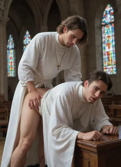 Priest being fucked by another man in a cathedral, bent over the altar, gay sex in a church, priest wearing robes, sodomy, rough anal sex