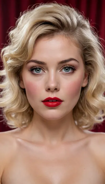 Retro style, vintage, 1980s, 80s, pin-up, woman, blond, messy hair, nude, red lipstick, rosy cheeks