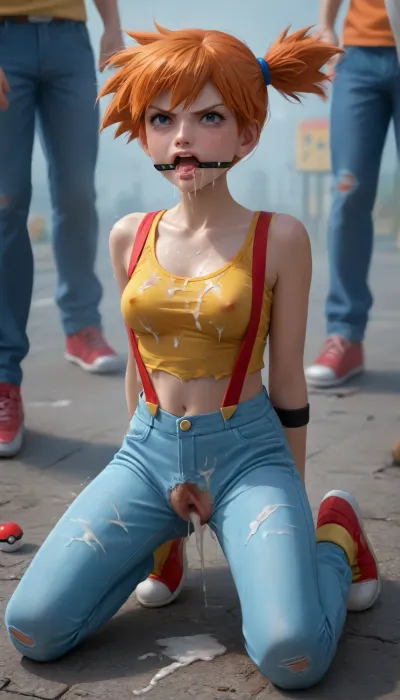 (Misty from Pokémon:2), solo, anime style, left soiled by cum, after gangbang sex, (((cum covered body:1.7))), ((wearing misty outfit:1.8), torn outfit, yellow crop-top, red suspenders, blue jeans short), (overused hairy pussy visible:1.2), (gaping pussy:1.2), full body, (kneeling on the ground in extreme pain:1.3), arched back, ((mouth wide open in a agonizing scream:1.5)), ((cum-filled:1.5)), (eyes wide open with tears streaming:1.5), (trembling body struggle:1.3), emotional shock, (losing it, angry:2), wind blowing her hair, dynamic anime expression, tattered outfit from intense gangbang, excessive bukkake, bruises and scratches, dramatic anime shading, glowing background, speed lines, highly expressive scene, stylized anime lighting, ultra-detailed anime illustration, animation frame style, misty, PEToonReal, <lora:Misty:1.4>, <lora:PE_ToonReal:1.6>, <lora:add-detail-xl:1.9>