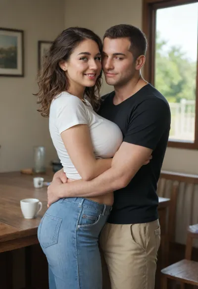 She is facing forward, A man is behind the girl, his arms are around her, standing very close, (((He is fully dressed))), (((She is fully dressed))), She has shoulder-length brown vawy thick and lush hair. She has an average a little plump broad build with a fat belly. 160 cm tall. The woman is smiling peacefully. The man’s expression is gentle. He is wearing house pants and a t-shirt, man is 35 yo, man is 175 cm tall, she is 35 yo, She has a large breast, (((D cup))), hugging, <lora:HandFineTuning_XL:.8>, A voluptuous girl, (big busty curved), standing holding her hugged from behind, (snuggling hugging), best quality, holding her tits tightly, holding her tits squeezed, (tightly squeezed tits:.2), innocent, mating press, UHD 8K, extreme realism