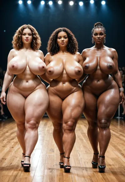Nude, BBW extremely chubby African women, hyper colossal boobs, extremely large areola, extremely huge puffy nipple, extreme hyper colossal round butts, butts wider and larger than torso, thin waist, walking on nude fashion show, front view