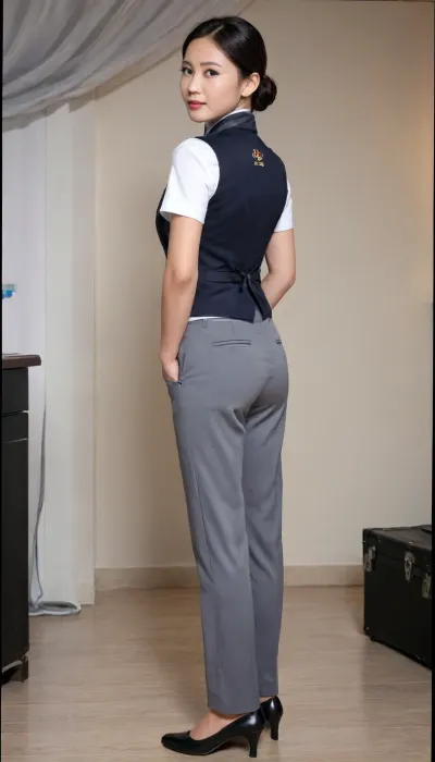 in vip room, CHINESE stewardess, (squatting on floor：1.3), (full body, back side view:1.2), (stewardess uniform, grey color waistcoat, white short sleeve shirt, long grey long pants, black flat heels:1.2), Chinese females, chinese face, featuring a simple background wallacurate english text, ultra-detailed, highres, follow reference image text style, CFG 13, denoising 0.4. On the stage, several beauty pageant contestants stand gracefully, short black hairstle, blushing face, shameful, embarrassed, matured, close up, slender body, beautiful long legs, (1.2), full body photo, (black stewardess flat shoes:1.2), small square blue scarf, beautiful face, ankle, The scene is photorealistic, with vibrant colors, soft stage lighting, and ultra-high detail, 4K resolution, <lora:alitfina100Ep:1.1>