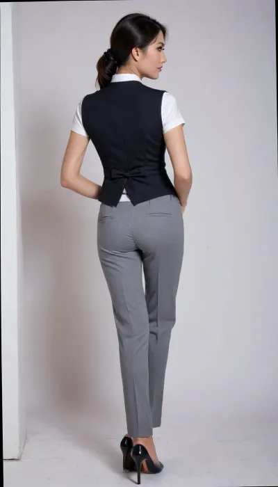 in vip room, CHINESE stewardess, (squatting：1.3), (full body, back side view:1.2), (stewardess uniform, grey color waistcoat, white short sleeve shirt, long grey long pants, black flat heels:1.2), Chinese females, chinese face, featuring a simple background wallacurate english text, ultra-detailed, highres, follow reference image text style, CFG 13, denoising 0.4. On the stage, several beauty pageant contestants stand gracefully, short black hairstle, blushing face, shameful, embarrassed, matured, close up, slender body, beautiful long legs, (1.2), full body photo, (black stewardess flat shoes:1.2), small square blue scarf, beautiful face, ankle, The scene is photorealistic, with vibrant colors, soft stage lighting, and ultra-high detail, 4K resolution, <lora:alitfina100Ep:1.1>