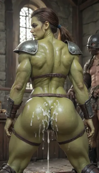 beautiful muscular athletic female orc, beautiful muscular extreme athletic female orc with visible abs, bending over, ass facing viewer, detailed vagina, green nipples, biceps, defined muscles all over her body, (huge muscles:1.4), (greenskin girl:1.8), (cunt dripping cum:1.6), sharp chin, sharp cheekbones, long ears, yellow eyes, (two white fangs sticking out from under her lower lip), dirty hair pulled into a disheveled ponytail at the back of her head, disgust at what is happening on her face, wide hips, extremely muscular body, extremely defined muscles, hourglass figure, perfect large round breasts, perfect muscular ass, defined body muscles, defined leg muscles, defined arm muscles, dark green nipples, in rough iron shoulder pads, (barbarian armor:1.4), body strapped with belts, standing, posing, bouncing breasts, bouncing ass, motion lines, around the interior of a medieval fortress, illuminated by the bright sun from high windows, perfect fingers, style anime, inspired illustration, oda, non, front view, faceless man, <lora:cartoon_stickers_xl_v1:1.4>, <lora:hentai_anime_style_xl_v1:1>, <lora:AnimatedNightmaresStyle:1.8>, <lora:EnvyBeautyXL02:.8>
