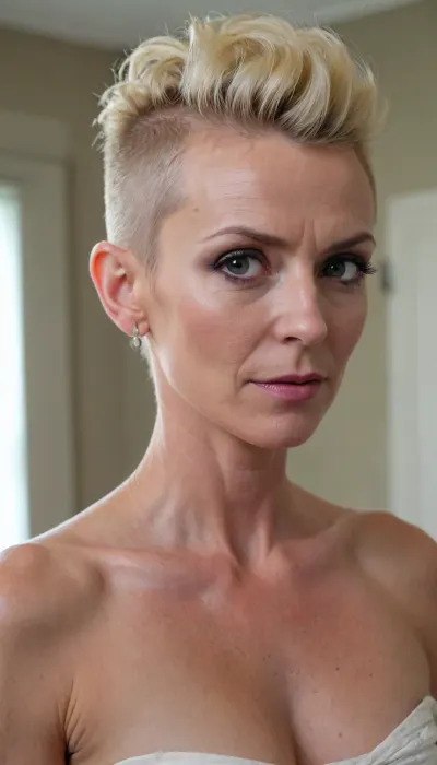 45 years old milf, skinny body, sinewy body, blonde mohawk updo hair, no tattoos at upper body, (small pointy breasts:.5), fit, StokeRealV1, milf_saga, milf_saga_face, <lora:epiCRealismHelper:.6>, <lora:SDXLrender_v2.0:.6>, <lora:StokeRealV1:.7>, <lora:pailide3-000005:.9>, <lora:milfsaga_v3:.6>