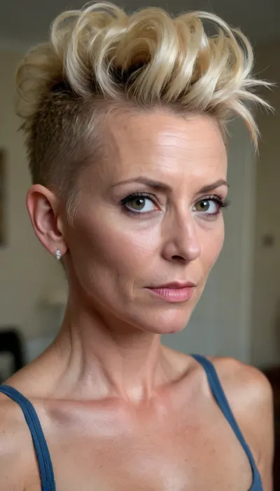 45 years old milf, skinny body, sinewy body, blonde mohawk updo hair, no tattoos at upper body, (small pointy breasts:.5), fit, StokeRealV1, milf_saga, milf_saga_face, <lora:epiCRealismHelper:.6>, <lora:SDXLrender_v2.0:.6>, <lora:StokeRealV1:.7>, <lora:pailide3-000005:.9>, <lora:milfsaga_v3:.6>