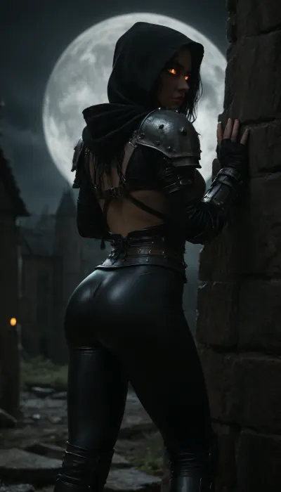 Score_9, Female Moon Night Hunter, standing near a medieval castle stone wall, (put ass back), bending over, glowing eyes, dynamic pose, mid-motion, shoulder armour plates, throwing daggers on waist belt, steel underboob armor, tight latex leggings, night, moonlight, chiaroscuro lightning, side view, hood, full moon, <lora:dark:.8>, <lora:detailed_notrigger:.8>, <lora:Midjourney Image Enhancer XL v1:.8>