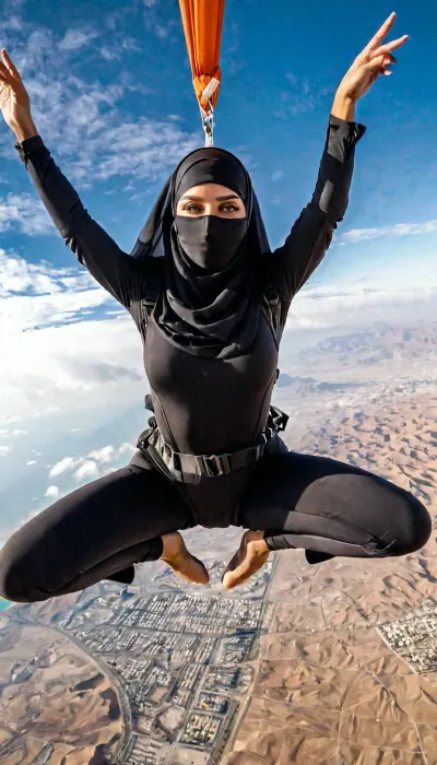 beautiful sexy athletic very junior 18 year old fitness model skydiving in Niqab, Saudi girl, no makeup, 3/4 view, pubic_hair, long legs, parachuting, skydiving, shot from below, eyes open looking at me, orgasmic sensual gaze at the camera, good hands, perfect fingers, (vagina), Musl1m, Pr1nc3ss, woman, scarf, blouse, mask, <lora:Muslim_Princess:.8>